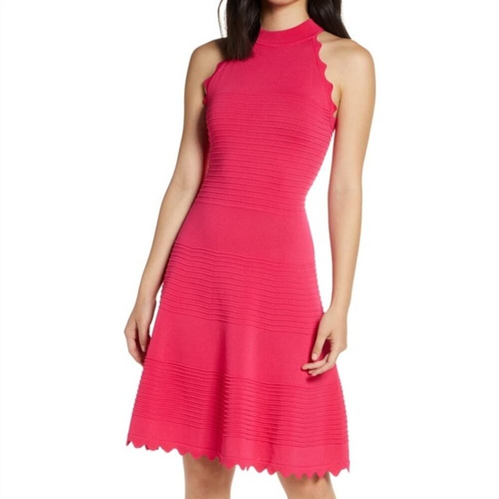 Eliza J Pink Scalloped Fit & Flare Ribbed Knit Sweater Dress Size Large L